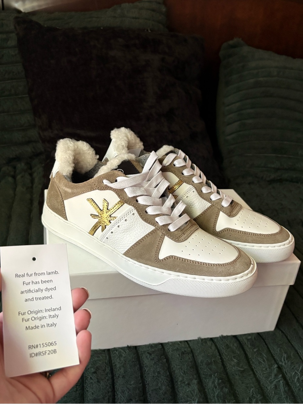 Shearling-Trim White and Tan Leather Lace-Up Sneakers